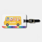 Gelbe Schulbusse und Niedliche Tiere Name der Kind Gepäckanhänger (Vorderseite horizontal)