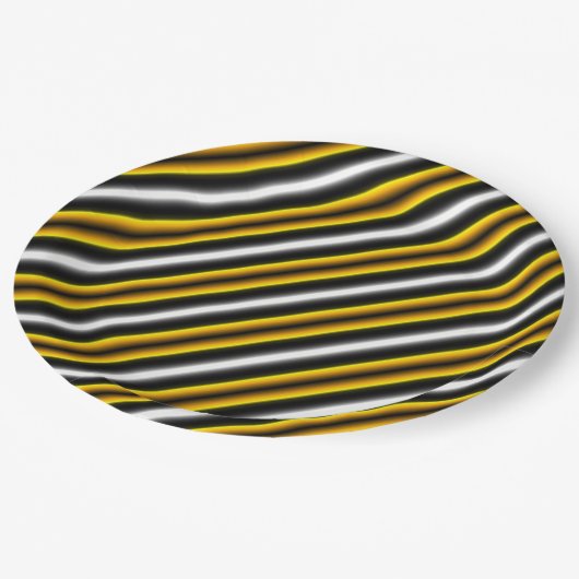 Gelbe Schwarz-weiße Regenbogenstreifen Pappteller (Schrägansicht)