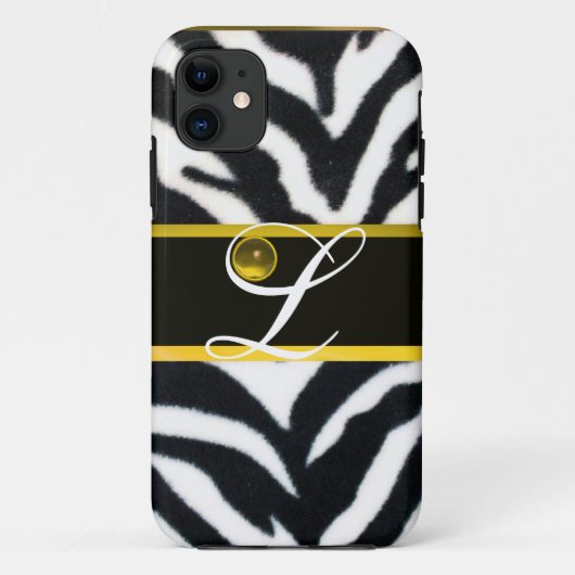 GELBE SCHWARZ-WEISSES ZEBRA-FUR-GELBE-GEM-MONOGRAM Case-Mate iPhone HÜLLE (Rückseite)