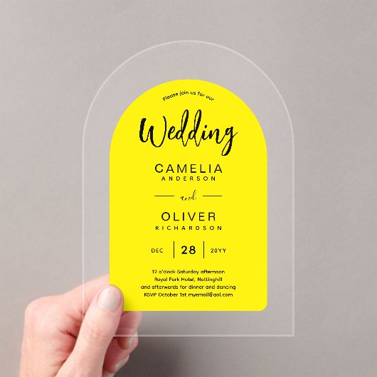 Gelbe Schwarze Arche Akryllische Hochzeit lädt zu Acryleinladungen (Insitu (Handheld))