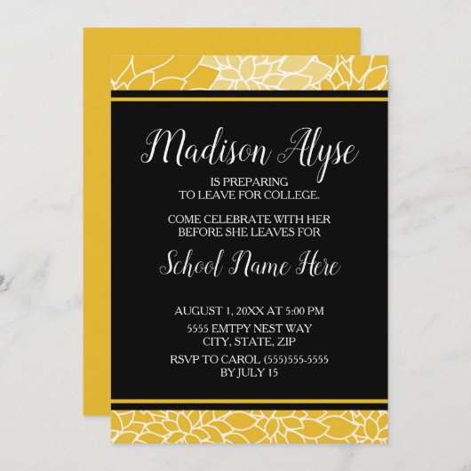 Gelbe schwarze Flora Trunk-Uni Party Einladung (Vorne/Hinten)