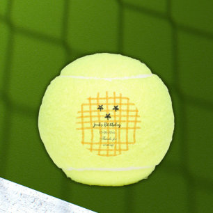 Gelbe schwarze Schachtel mit Geburtsdatum Tennisbälle