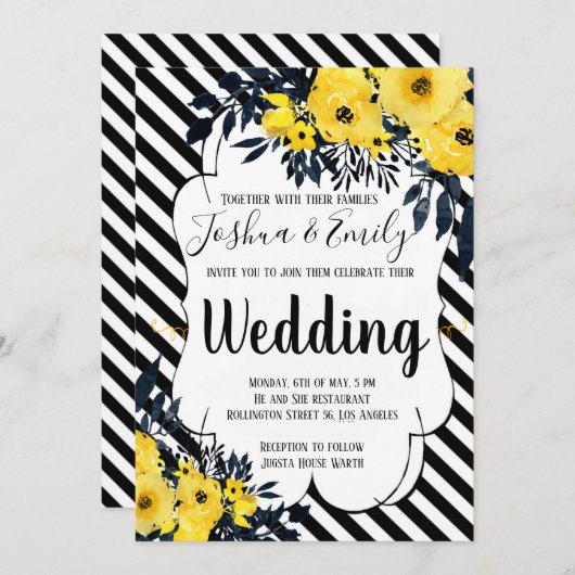 Gelbe schwarze Streifen Hochzeitsfeier Einladung (Vorne/Hinten)