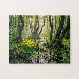 Gelbe Schwertlilien im Sumpf mit Kranich Puzzle