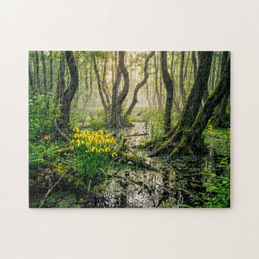 Gelbe Schwertlilien im Sumpf mit Kranich Puzzle (Horizontal)