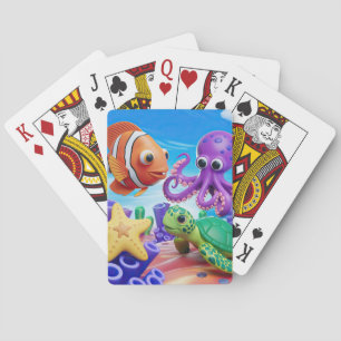 Gelbe Seesterne, grüne Schildkröte und roter Clown Spielkarten