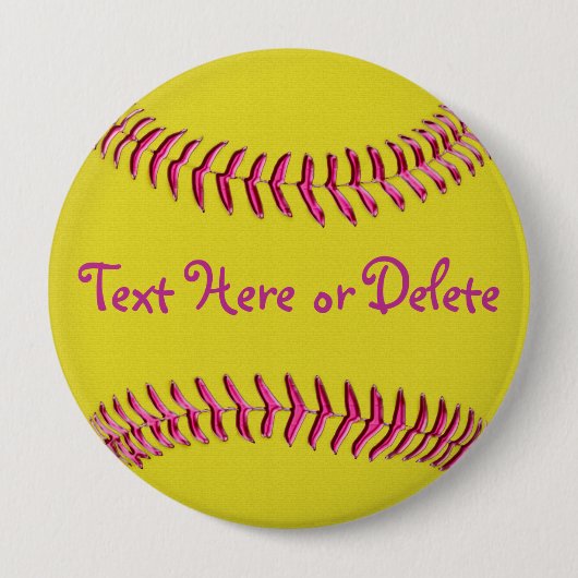 Gelbe Softball-Buttone mit rosa Faden, IHR TEXT Button (Vorderseite)