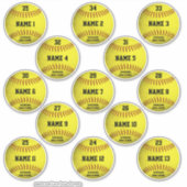 Gelbe Softballs Set von 13 Spielernamen Aufkleber (Vorderseite)