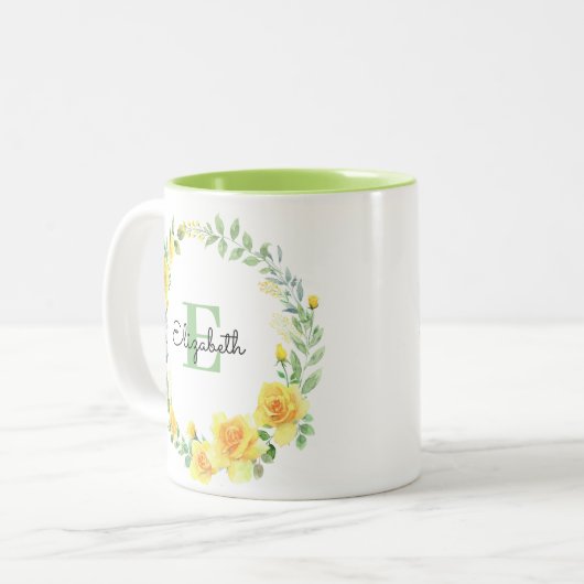 Gelbe Sommermonate Blume Wreath Monogramm Zweifarbige Tasse (Vorderseite Links)