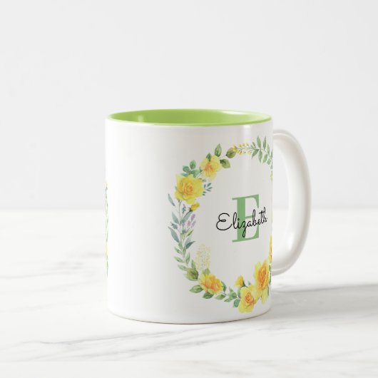 Gelbe Sommermonate Blume Wreath Monogramm Zweifarbige Tasse (VorderseiteRechts)