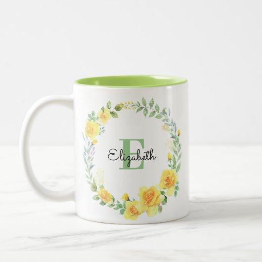 Gelbe Sommermonate Blume Wreath Monogramm Zweifarbige Tasse (Links)