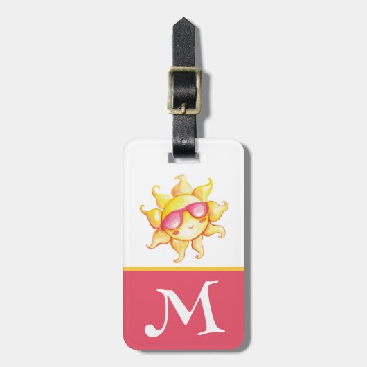 Gelbe Sonne in rosa Sonnenbrille Kid's Initial Gepäckanhänger (Vorderseite vertikal)