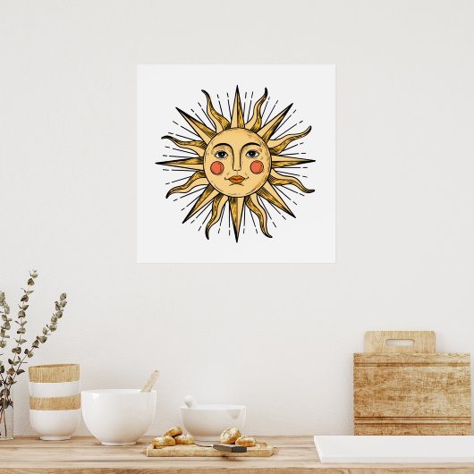 Gelbe Sonne mit Gesicht Poster (Küche)
