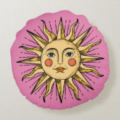 Gelbe Sonne mit Gesicht Rundes Kissen (Rückseite)