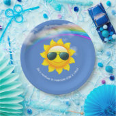 Gelbe Sonne mit Sonnenbrille und Regenbogen Pappteller (Party)