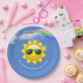 Gelbe Sonne mit Sonnenbrille und Regenbogen Pappteller (Party)