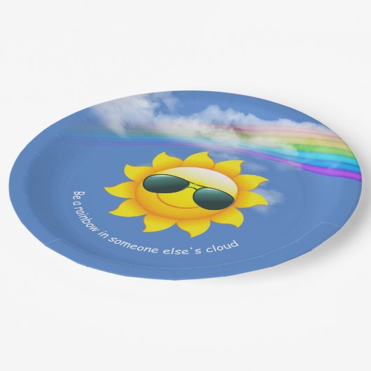 Gelbe Sonne mit Sonnenbrille und Regenbogen Pappteller (Schrägansicht)