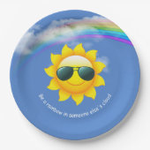 Gelbe Sonne mit Sonnenbrille und Regenbogen Pappteller (Vorderseite)