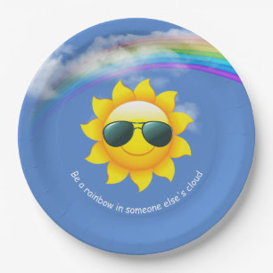 Gelbe Sonne mit Sonnenbrille und Regenbogen Pappteller