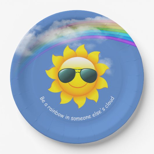 Gelbe Sonne mit Sonnenbrille und Regenbogen Pappteller (Vorderseite)