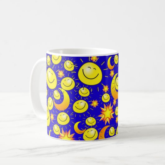 Gelbe Sonne, Mond, Sterne Blaue Tasse (Vorderseite Links)