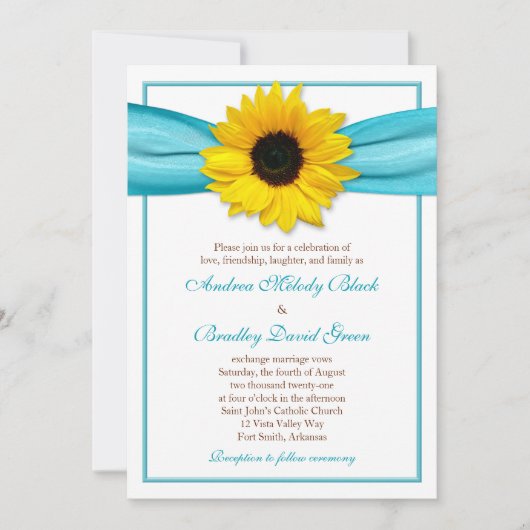 Gelbe Sonnenblume Aqua Ribbon Hochzeit Einladung (Vorderseite)