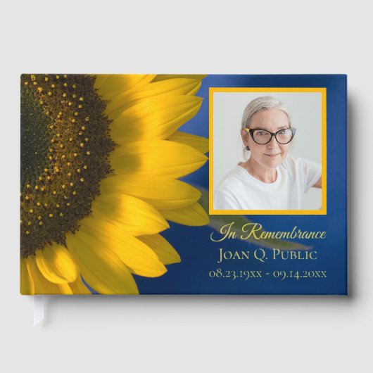 Gelbe Sonnenblume auf blauer Feier des Lebens Gästebuch (Vorderseite)