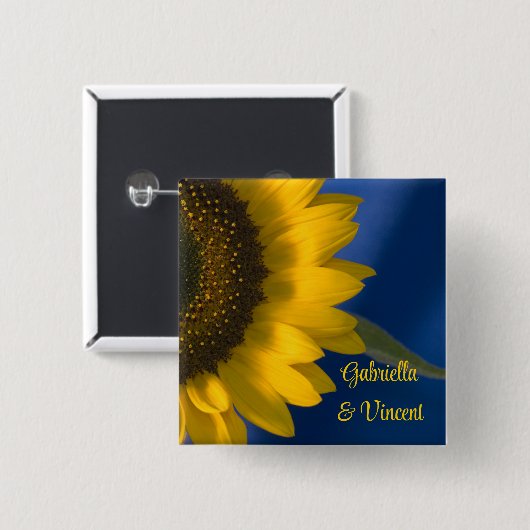 Gelbe Sonnenblume auf Blauer Hochzeit Button (Vorne & Hinten)