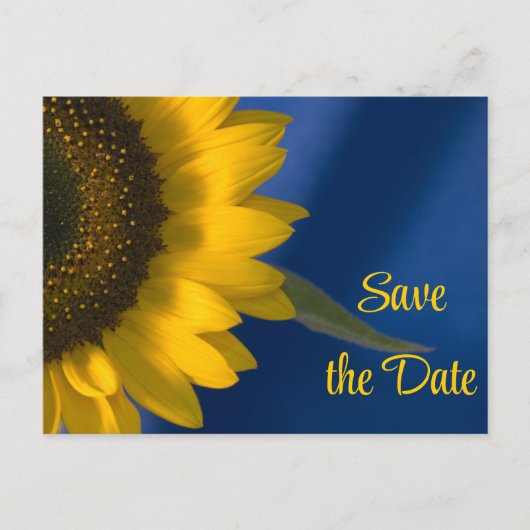 Gelbe Sonnenblume auf blauer Hochzeit Das Datum sp Ankündigungspostkarte (Vorderseite)