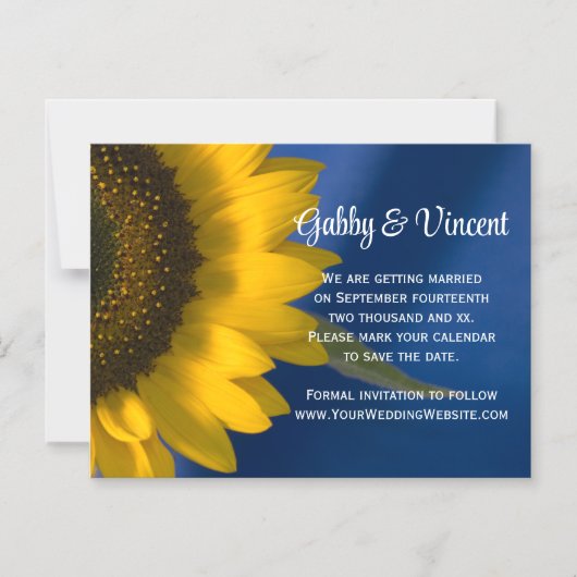 Gelbe Sonnenblume auf blauer Hochzeit Das Datum sp Magneteinladung (Vorderseite)