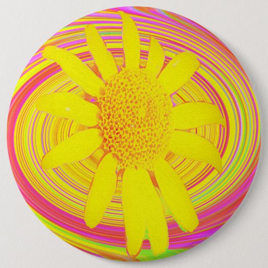 Gelbe Sonnenblume auf einem psychedelischen Swirl Button (Vorderseite)