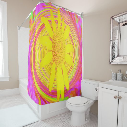 Gelbe Sonnenblume auf einem psychedelischen Swirl Duschvorhang (Beispiel)