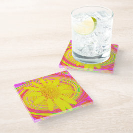 Gelbe Sonnenblume auf einem psychedelischen Swirl Glasuntersetzer