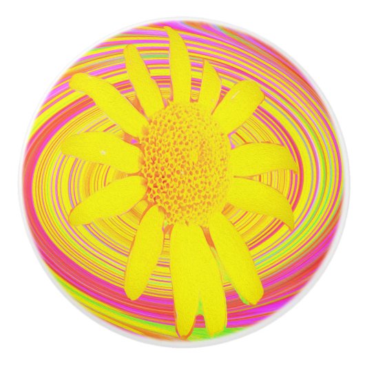 Gelbe Sonnenblume auf einem psychedelischen Swirl Keramikknauf (Vorderseite)