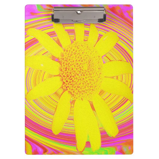 Gelbe Sonnenblume auf einem psychedelischen Swirl Klemmbrett (Vorderseite)