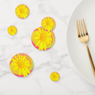 Gelbe Sonnenblume auf einem psychedelischen Swirl Konfetti