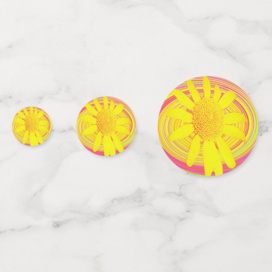 Gelbe Sonnenblume auf einem psychedelischen Swirl Konfetti (Vorderseiten)