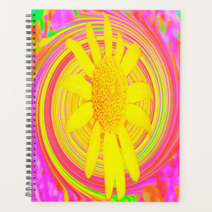 Gelbe Sonnenblume auf einem psychedelischen Wirbel Planer