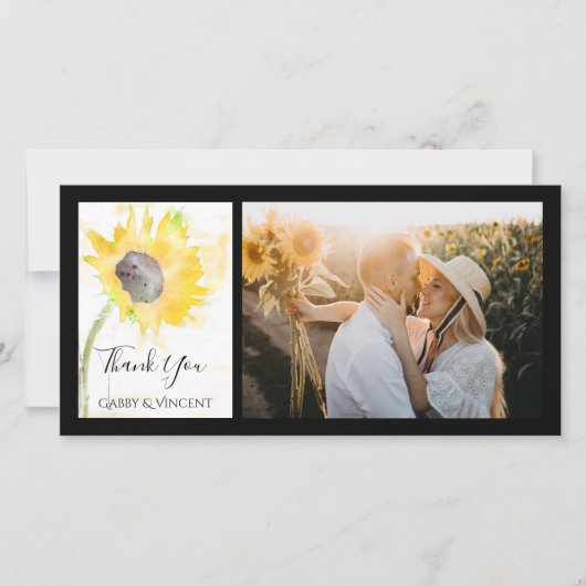 Gelbe Sonnenblume auf einer Hochzeit mit weißem Wa Dankeskarte (Vorderseite)