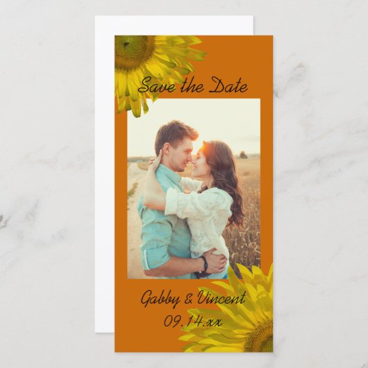Gelbe Sonnenblume auf Orange Wedding Save the Date (Vorne/Hinten)