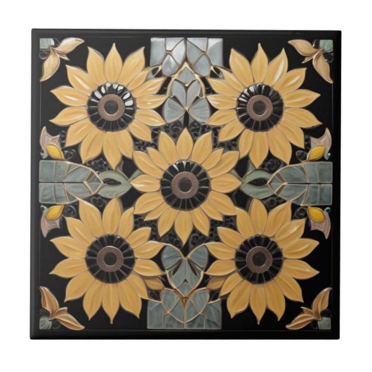 Gelbe Sonnenblume auf Schwarz Art Deco inspiriert Fliese (Vorderseite)