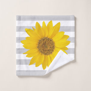 Gelbe Sonnenblume auf weißen und grauen Streifen Waschlappen