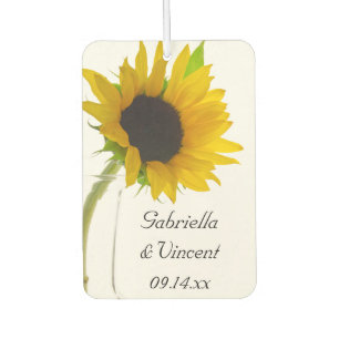 Gelbe Sonnenblume auf weißer Gastgeschenk Hochzeit Autolufterfrischer