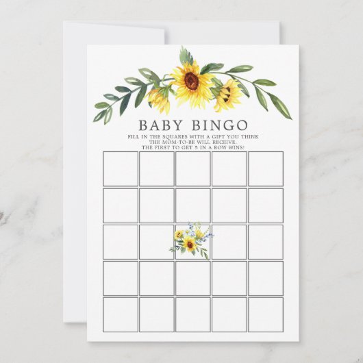 Gelbe Sonnenblume BINGO Babydusche Spiel Einladung (Vorderseite)