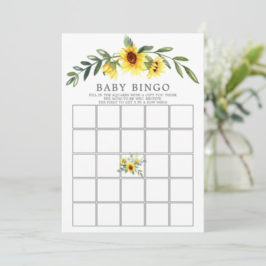 Gelbe Sonnenblume BINGO Babydusche Spiel Einladung (Stehend Vorderseite)