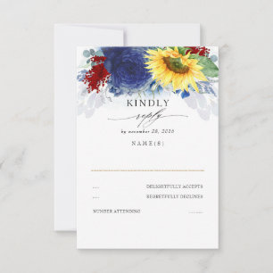 Gelbe Sonnenblume Blau und Rot Herbst-Hochzeit RSV RSVP Karte