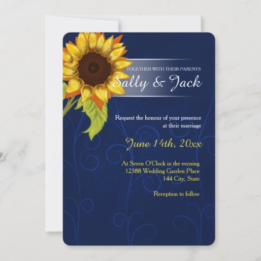 Gelbe Sonnenblume/blaue Hintergrundhochzeit Einladung (Vorderseite)