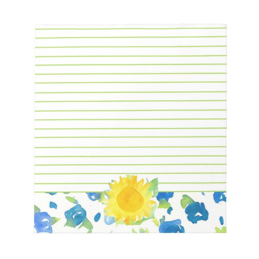 Gelbe Sonnenblume Blaue Wildblumen Aquarell Notizblock (Vorderseite)
