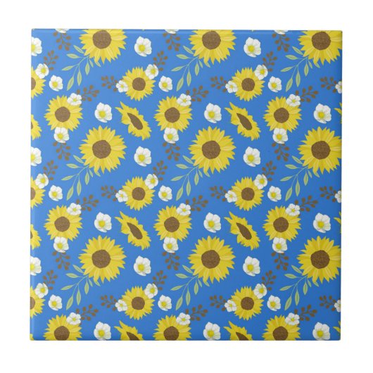Gelbe Sonnenblume Blauer Hintergrund Blume Fliese (Vorderseite)