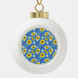 Gelbe Sonnenblume Blauer Hintergrund Blume Floral Keramik Kugel-Ornament